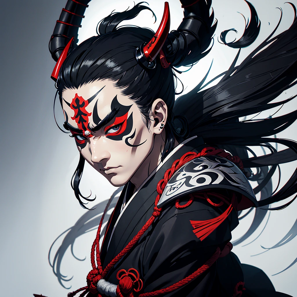 Make a logo of a samurai face with a Japanese demon mask and piercings in black and white 