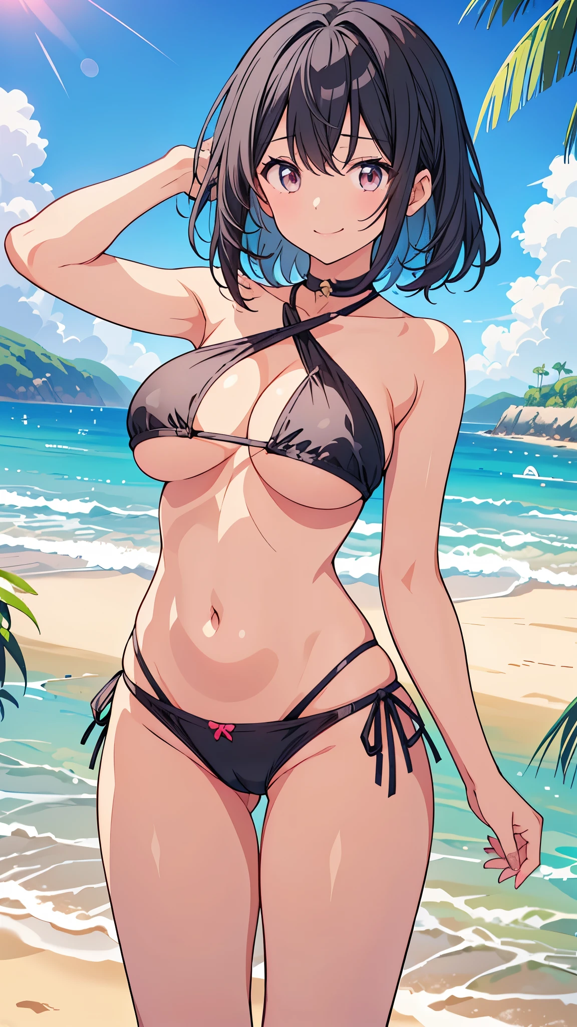 Beachでポーズをとるビキニ姿の女性のクローズアップ　One Girl、Age 25、Large Breasts、The underboob is visible、Whole Body Ezbian、Black-haired、hot pants、panties、Beach、smile