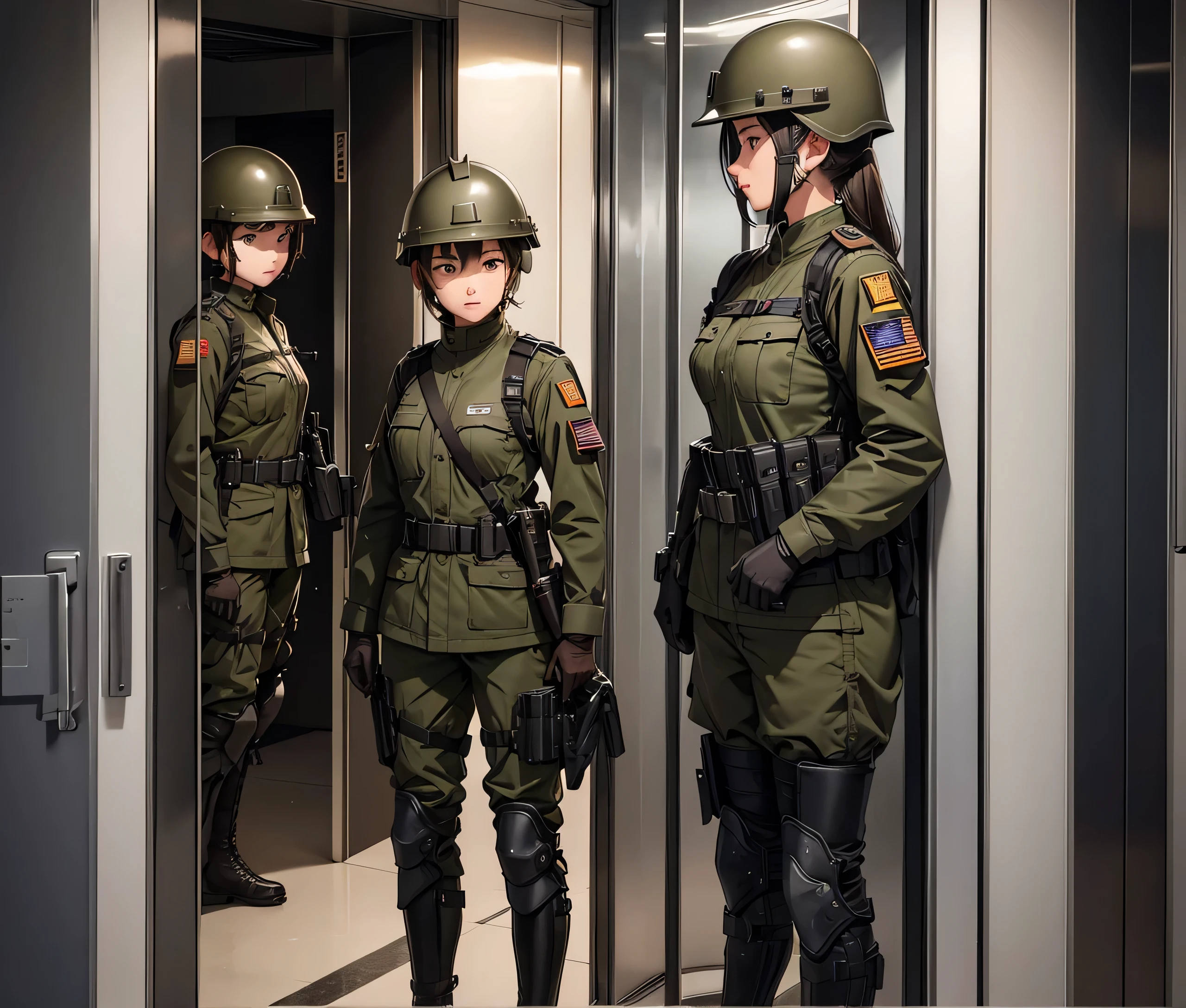 A group of female soldiers wearing zippered drab brown military uniforms、Wear a steel helmet、Gloves、Magazine Pouch、Knee pads、Standing guard in front of the elevator door、Write details、masterpiece、best quality、Highly detailed CG、8K picture quality