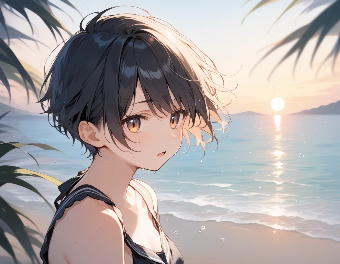 score_9, score_8_up, score_7_up, source_anime, best quality, masterpiece, official art, absurdres, highres, ultra-detailed,waifu2x,Collection: Slice of Life,break,1girl, tomboy, very short hair, pixie cut, breasts, beautiful detailed eyes, expressionless, serahuku, beautiful detailed eyes, sweat, open mouth, sleepily, outdoors, wind, beach,break,(clear line illustration:1.2), super detailed skin,very high resolution, very aesthetic, Best sexual lighting powered by famous artist, 8k,cute picture,beauty illustration,photoshop_(medium),,(Detailed Lighting),best anime 8k konachan wallpaper, pixiv contest winner,
