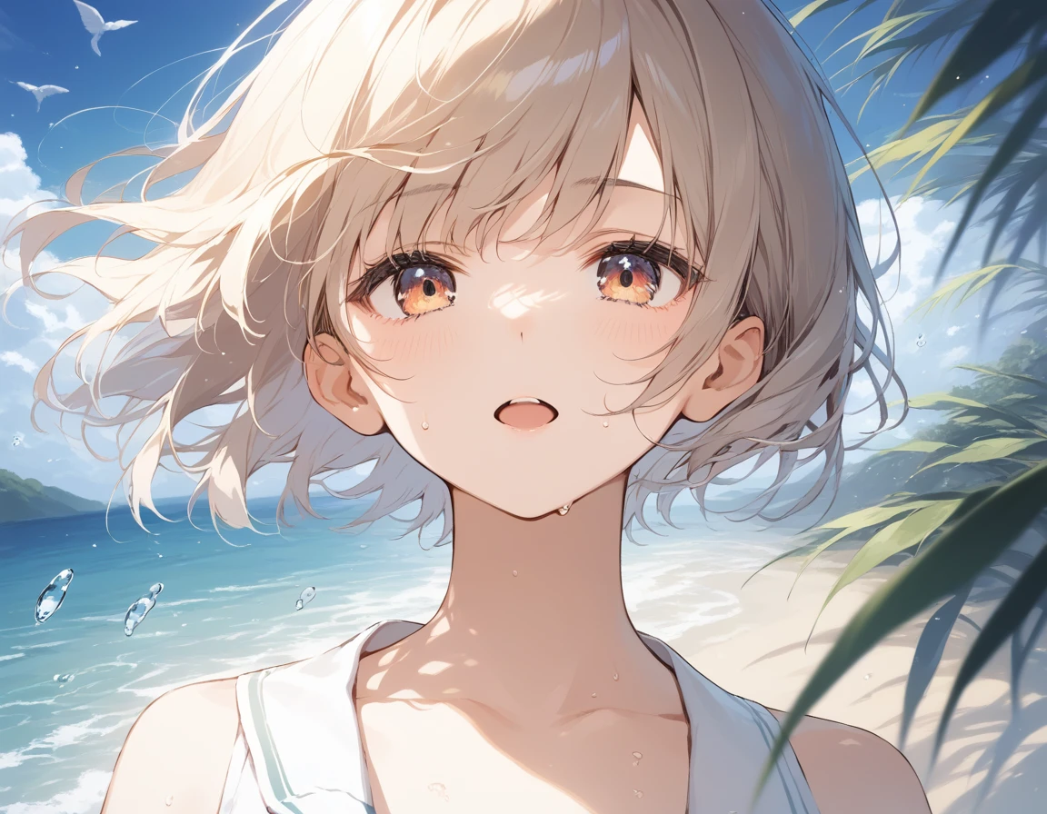 score_9, score_8_up, score_7_up, source_anime, best quality, masterpiece, official art, absurdres, highres, ultra-detailed,waifu2x,Collection: Slice of Life,break,1girl, tomboy, very short hair, pixie cut, breasts, beautiful detailed eyes, expressionless, serahuku, beautiful detailed eyes, sweat, open mouth, sleepily, outdoors, wind, beach,break,(clear line illustration:1.2), super detailed skin,very high resolution, very aesthetic, Best sexual lighting powered by famous artist, 8k,cute picture,beauty illustration,photoshop_(medium),,(Detailed Lighting),best anime 8k konachan wallpaper, pixiv contest winner, 