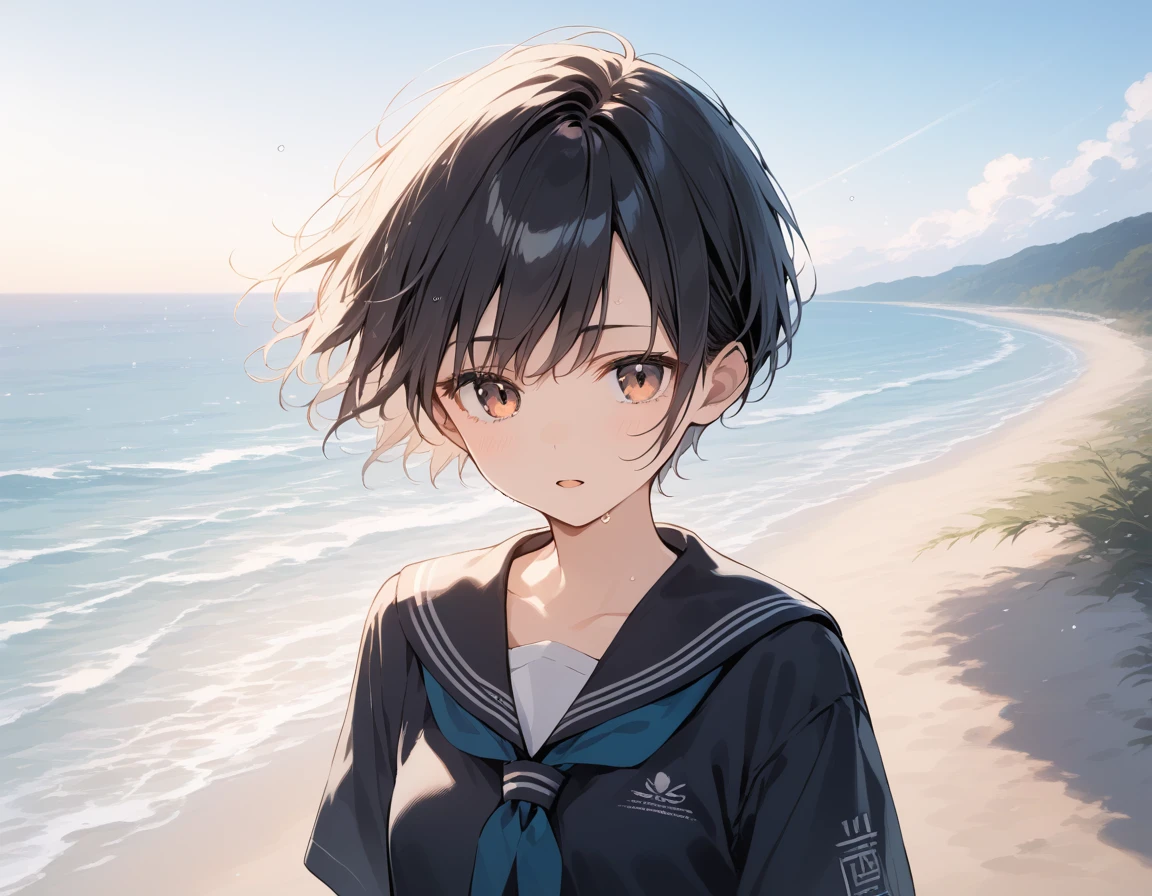 score_9, score_8_up, score_7_up, source_anime, best quality, masterpiece, official art, absurdres, highres, ultra-detailed,waifu2x,Collection: Slice of Life,break,1girl, tomboy, very short hair, pixie cut, breasts, beautiful detailed eyes, expressionless, serahuku, beautiful detailed eyes, sweat, open mouth, sleepily, outdoors, wind, beach,break,(clear line illustration:1.2), super detailed skin,very high resolution, very aesthetic, Best sexual lighting powered by famous artist, 8k,cute picture,beauty illustration,photoshop_(medium),,(Detailed Lighting),best anime 8k konachan wallpaper, pixiv contest winner,
