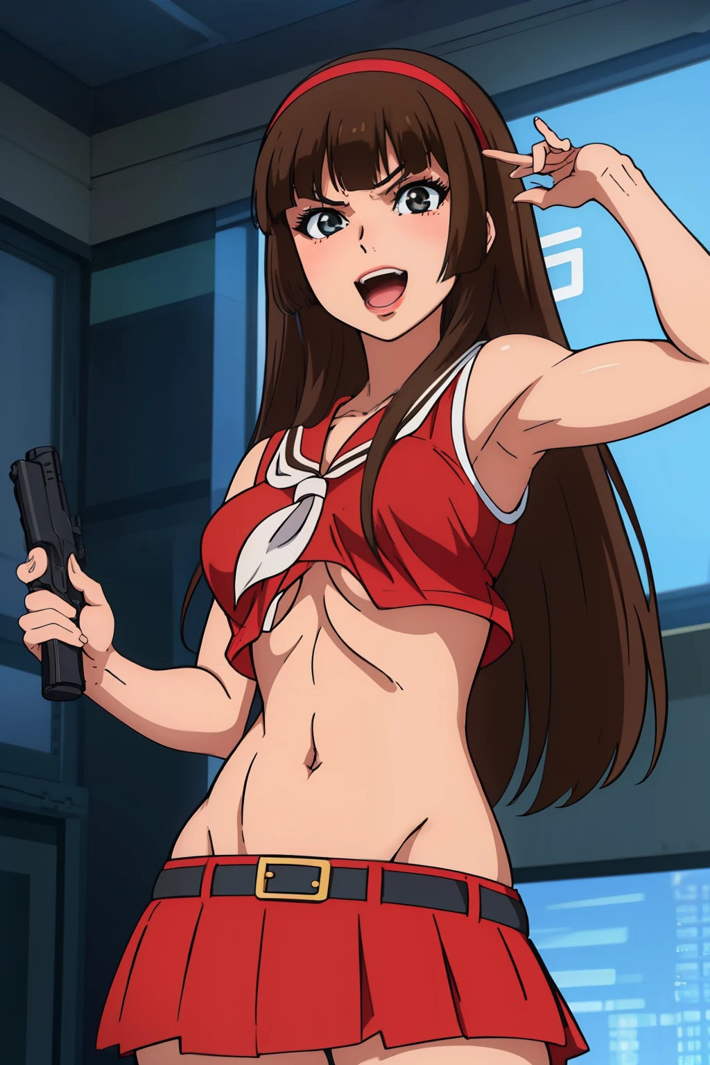 brown hair,long hair,yumi sayaka, blush, lipstick, Hot girl, baddie, staring, glaring, bad attitude, mean girl, crazy, smoking, sensual, attractive, masterpiece, best quality, highly detailed, a anime girls in sailor uniforms with a gun posing for a picture,
evil smile, smile, open mouth,black_serafuku, ecchi anime style, anime girls , (nsfw) not safe for work,
ecchi style, ecchi, shipgirls, digital anime art!!, high school girls, holding a gun, hold a gun, anime style 4
k, micro skirt, exposed belly, exposed navel, exposed midriff, holding pistol,underboob,
exposed lower belly,school, classroom