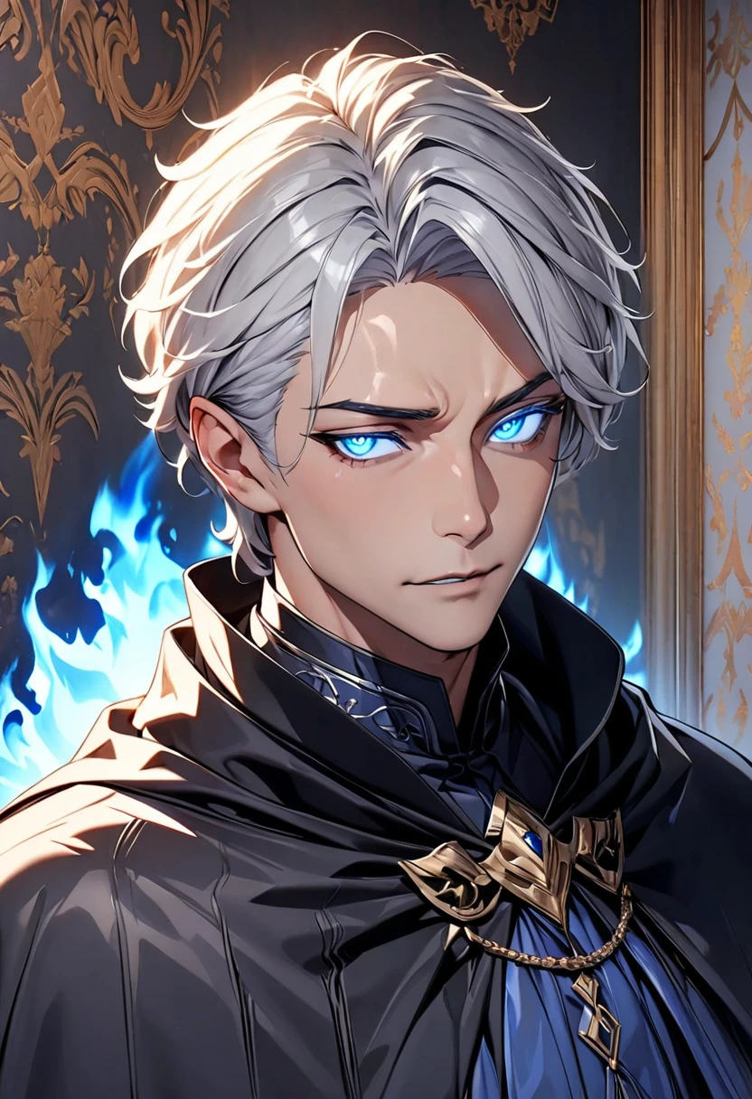 male, solo, handsome, murder, silver hair, shadow, experienced, dark silver general cloak, blue eyes, beautiful eyes, glowing eyes, high detail, masterpiece, wallpaper, the blue flame in the eyes, villain, middle-age, silver aura, holo, front face, macro picture, mature