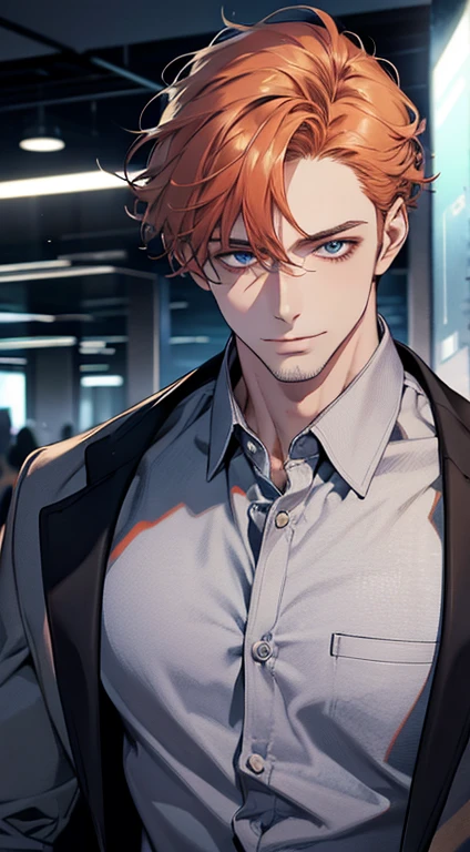 (best quality,4k,8k,highres,masterpiece:1.2),ultra-detailed,(realistic,photorealistic,photo-realistic:1.37),1 man,31 years old,mature man,very handsome,without expression,smile,short grey b
Orange hair,blue eyes,penetrating gaze,perfect face without errors,imposing posture,businessman,office background,cinematic lighting,hdr image