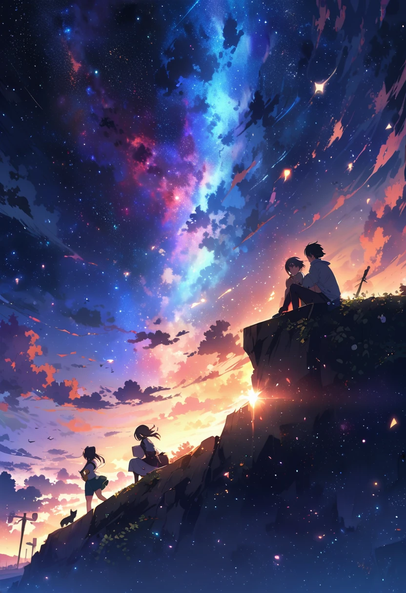 Anime drawings inspired by Makoto Shinkai, Sparrow'Door Lock, Pixiv Topics, Space Art, Makoto Shinkai Cyril Rolland, Anime Japanese man and woman sitting and looking at the sky, Around the two of them, White cat girl, Black Cat Girl, A calico cat girl is running through the sky.,
