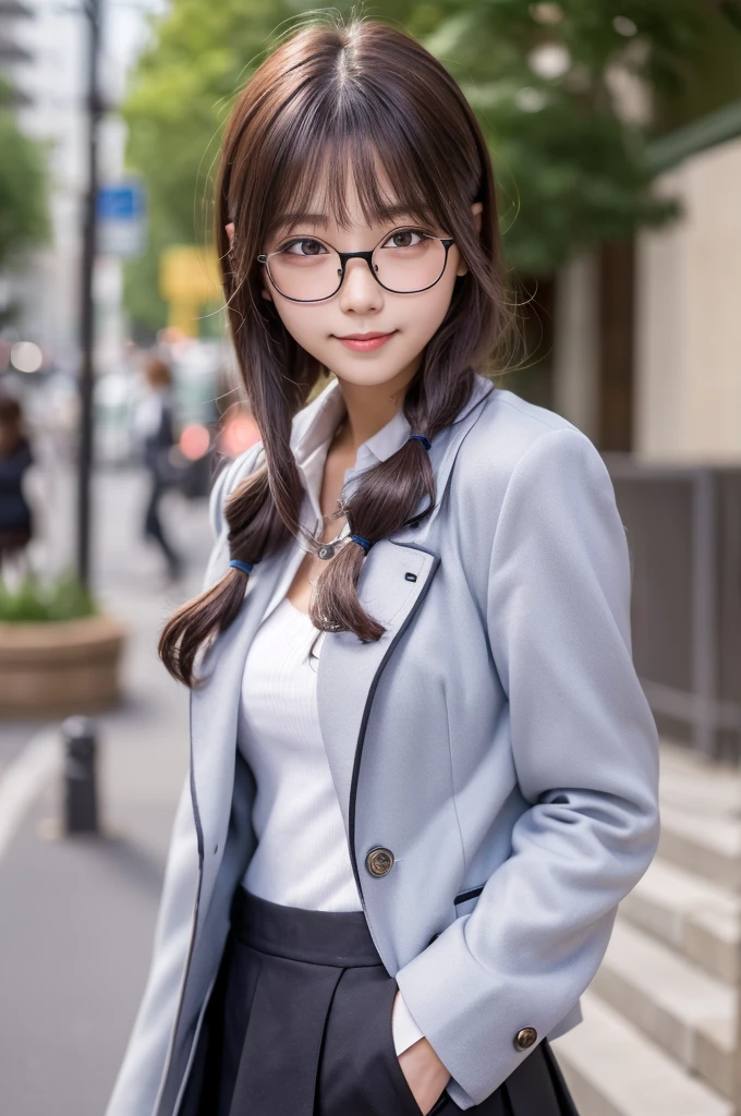 (8k, RAW photo, best quality, masterpiece:1.2), (realistic, photo-realistic:1.4), (extremely detailed 8k wallpaper), Japanese 20 age woman,Ultra-detailed face, Detailed eyes, Double eyelid, school bag,blazer, summer , short skirt, black socks, loafers, full body,date,(random hairstyles, Huge breasts :1.2,Hair color is silver,Tears mole),random poses,random outfit,random clothes color,random smile,(date style),cute fake glasses