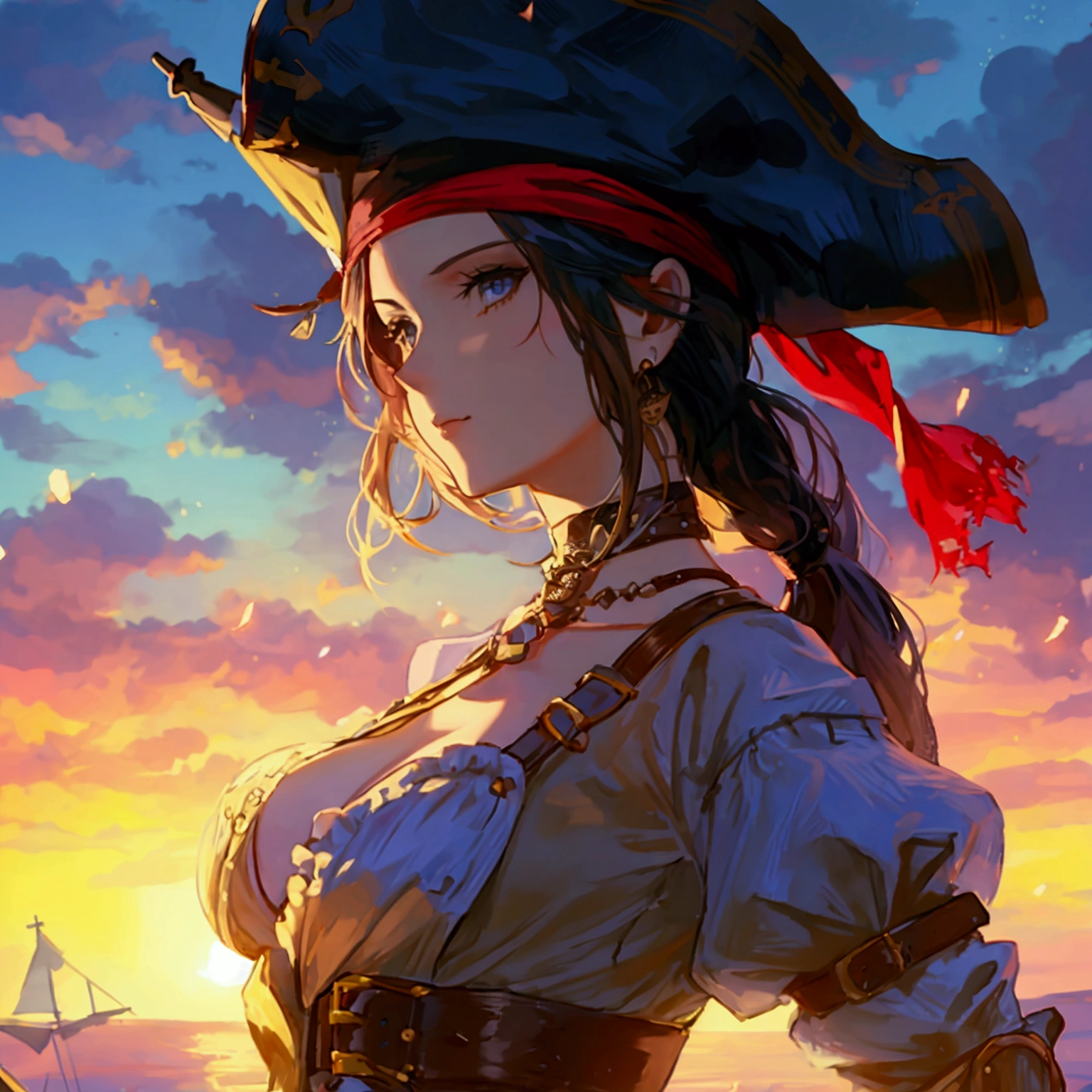 1woman, pirate clothes, nightsky background
