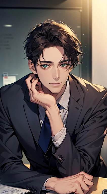 (Highest quality,4K,8K,High resolution,masterpiece:1.2),Super detailed,(Realistic,photoRealistic,photo-Realistic:1.37),1 person,34 years old,Mature Men,Beautiful skin、very handsome,Expressionless smile in love,Short dark blue hair,green eyes,Sharp Eyes,A perfect face without a doubt,Businessman,Office Background,Cinema Lighting,HDR image,tie、