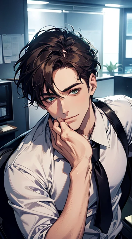 (Highest quality,4K,8K,High resolution,masterpiece:1.2),Super detailed,(Realistic,photoRealistic,photo-Realistic:1.37),1 person,34 years old,Mature Men,Beautiful skin、very handsome,Expressionless smile in love,Short dark blue hair,green eyes,Sharp Eyes,A perfect face without a doubt,Businessman,Office Background,Cinema Lighting,HDR image,tie、