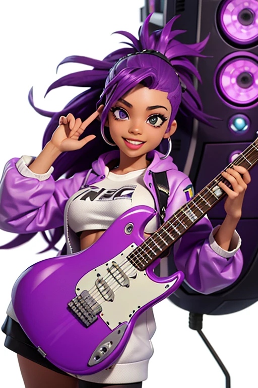 one,8k highly detailed, casual games, , 3D art style, Half body photo,White background,big eyes,cute,Model posing,mature African American woman,solid color background, purple Mohawk hair,Smile,(((White background))),((Cyberpunk clothing)),Punk clothes,cyberpunk style,Show belly,Face shot, purple Mohawk hair, playing a electric guitar, singing into a microphone.