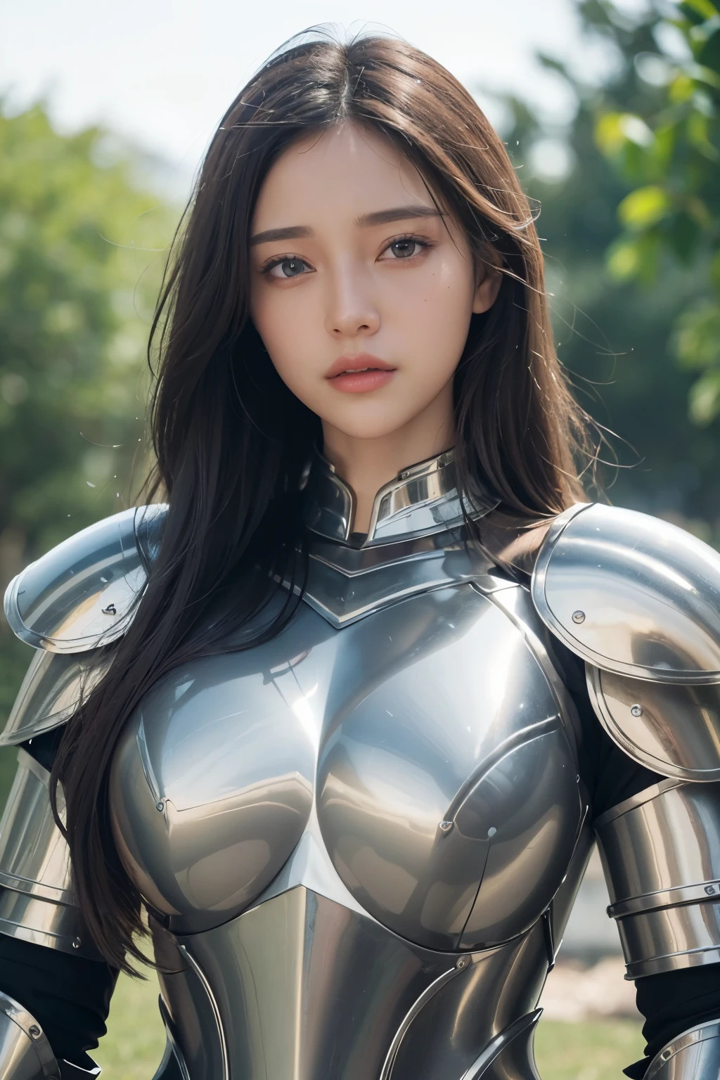 (top quality,8k,masterpiece,surrealism),Female knight in armor,(eye for detail,beautiful eyes,detailed skin,detailed lips,lip gloss),tanned skin,giant ,constriction,(detailed armor,precision armor,luxurious armor),