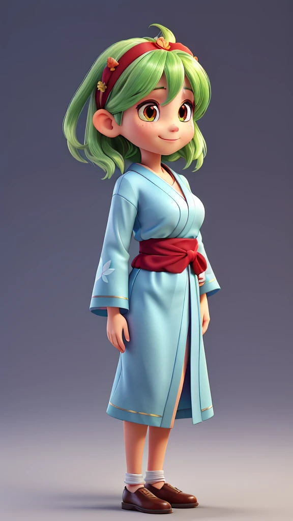 - **Head:**
- Medium-length, green hair with a slightly spiky and layered style.
- Large, expressive red eyes.
- Light skin tone.
- Calm and gentle expression with a slight smile.
- Red, leaf-like hair accessories on either side of the head, near the ears.
- **Upper Body:**
- Wearing a light blue kimono with long sleeves.
- The kimono is tied with a dark blue obi.
- The collar of the kimono has a red trim.
- **Pose:**
- Standing with a composed and elegant posture.
- Hands are gently clasped together in front of the body.
- **Overall Appearance:**
- Graceful and serene look, with a friendly and approachable demeanor.
- The character appears poised and composed, typical of a young woman in traditional attire.
Large Breasts, Simple Background,