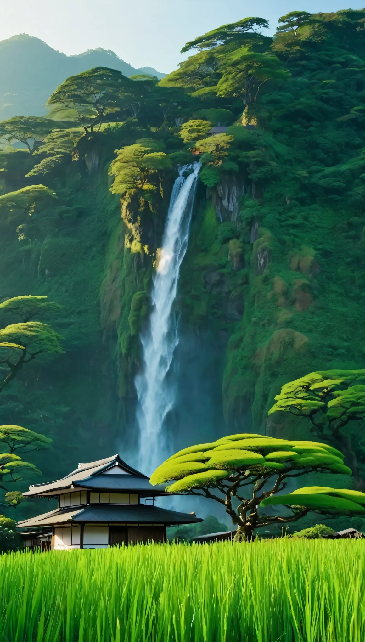 Green savana, tree in the middle, Beside the tree there is a japanese house, there are mountain with waterfall, morning vibes, low angle, 4K