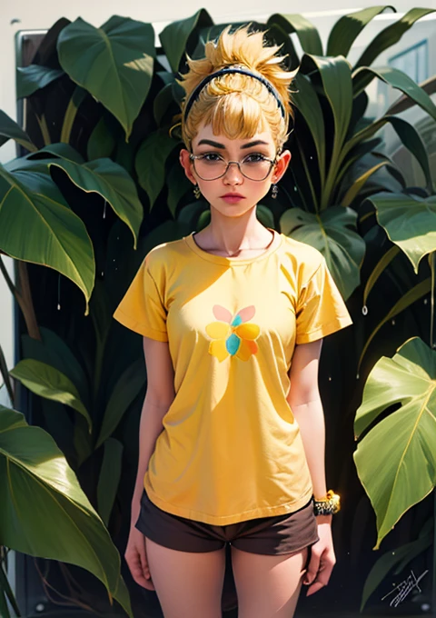 masterpiece, high quality, High resolution, absurdities, Casual pineapple style: Opt for a casual pineapple-inspired look with brown shorts and a yellow shirt.. Introduce pineapple details in accessories., as a brooch and leaf-frame sunglasses.
  shower, by rubio, short hair, black eyes, black headband, sharp hair, ,expressionless, dress, 1 girl,