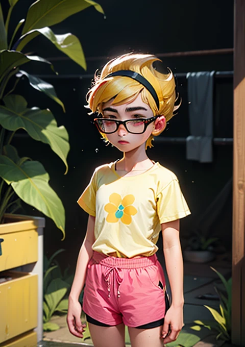 masterpiece, high quality, High resolution, absurdities, Casual pineapple style: Opt for a casual pineapple-inspired look with brown shorts and a yellow shirt.. Introduce pineapple details in accessories., as a brooch and leaf-frame sunglasses.
  shower, by rubio, short hair, black eyes, black headband, sharp hair, ,expressionless, dress, 1 girl,