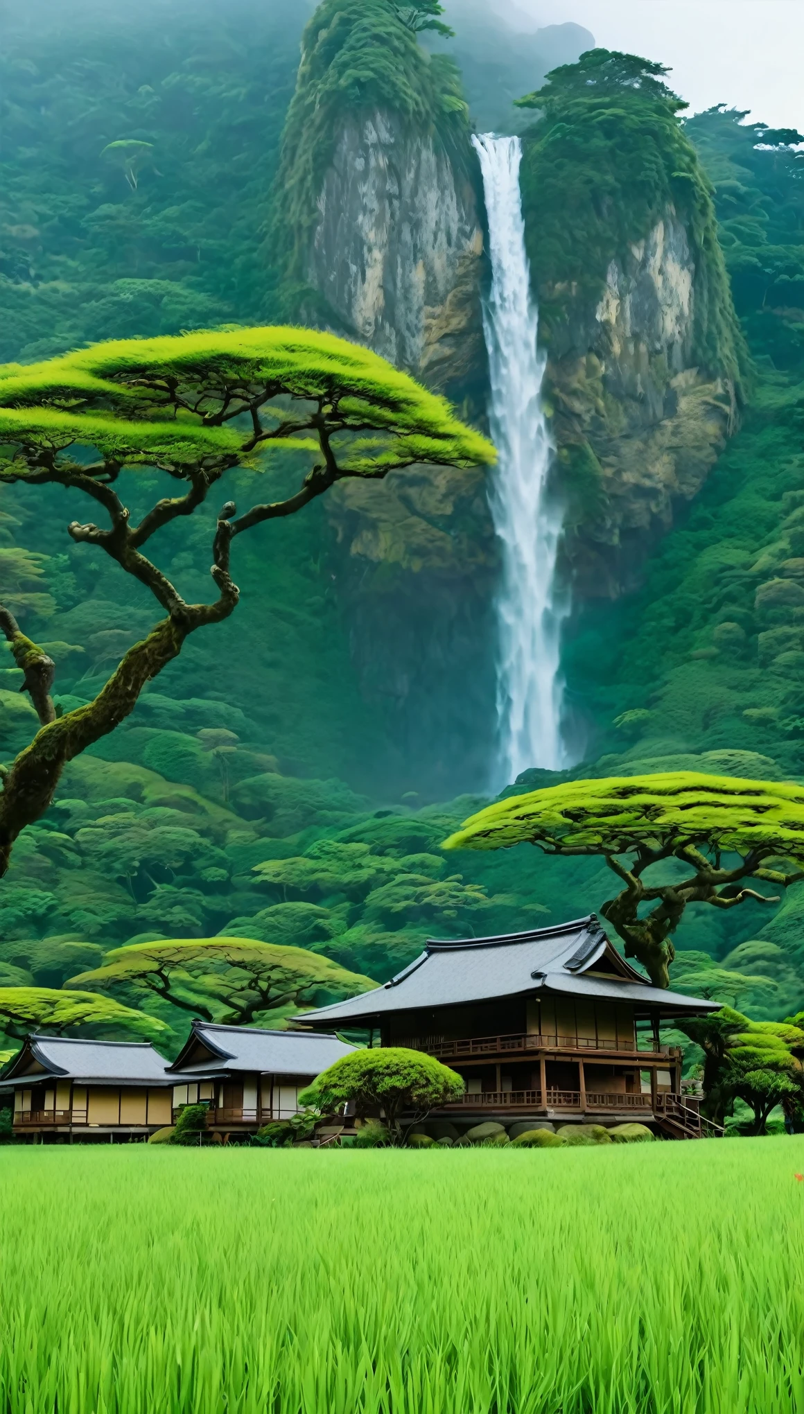 Green savana, tree in the middle, Beside the tree there is a japanese house, there are mountain with waterfall, morning vibes, low angle, 4K