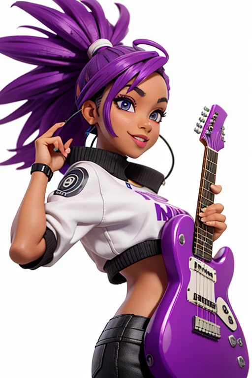 one,8k highly detailed, casual games, , 3D art style, Half body photo,White background,big eyes,cute,Model posing,mature African American woman,solid color background, purple Mohawk hair,Smile,(((White background))),((Cyberpunk clothing)),Punk clothes,cyberpunk style,Show belly,Face shot, purple Mohawk hair, playing a electric guitar, singing into a microphone.