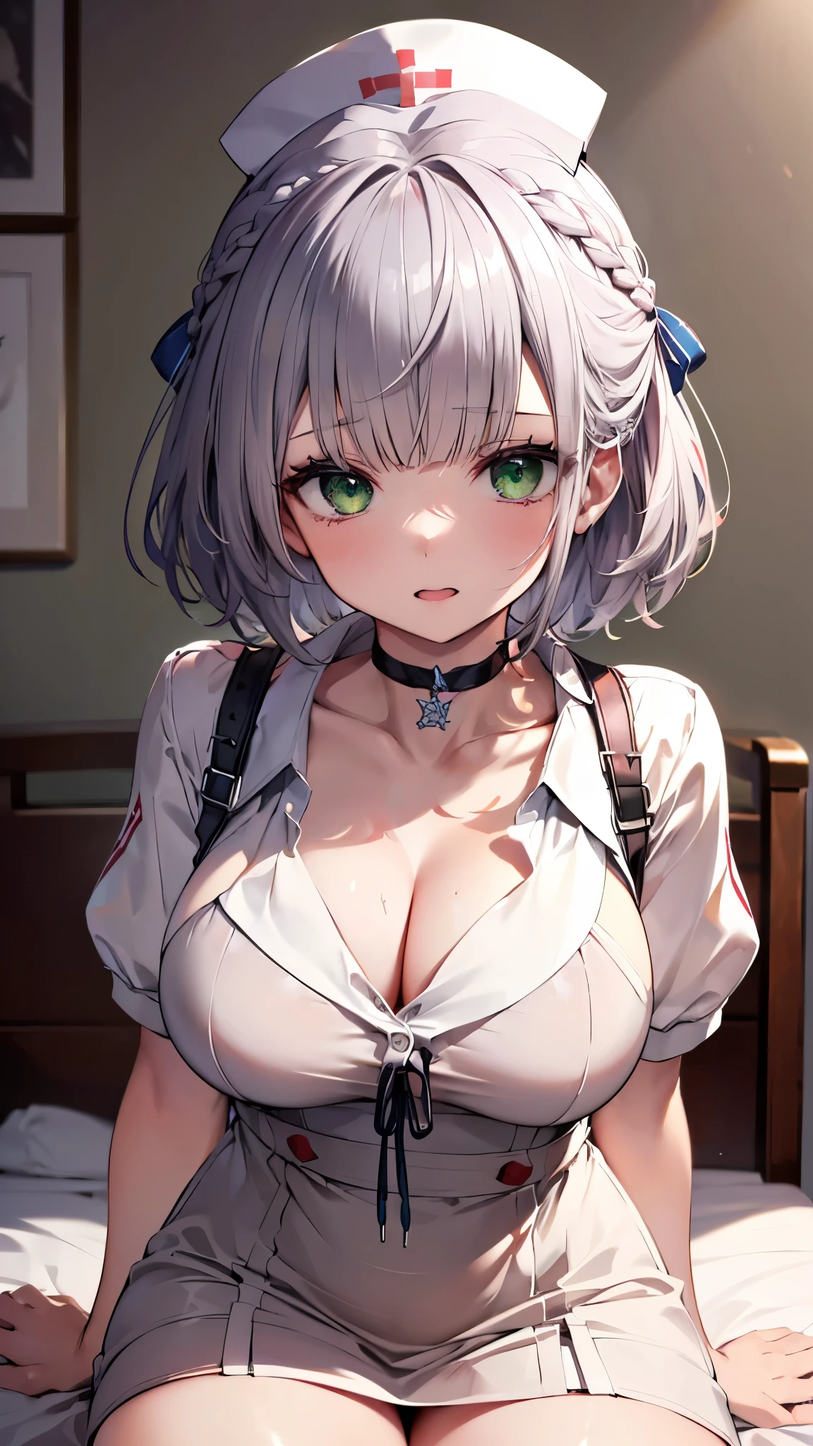 (best quality:1.2), (ultra detailed:1.2),(masterpiece:1.2),(8k:1.2),(Blessed,Captivating body、Ultra detailed hands、Ultra-detailed eyes、Ultra-detailed skin、ultra-detailed face,Detailed Background),One Girl、(bedroom,nurse, nurse cap, breast pocket, collared dress, short dress, short sleeves, thighs, white dress, white headwear), ccnoel, short hair, french braid, hair ribbon, green eyes, black choker, collarbone, cleavage,(ecstasy, aroused:1.5)