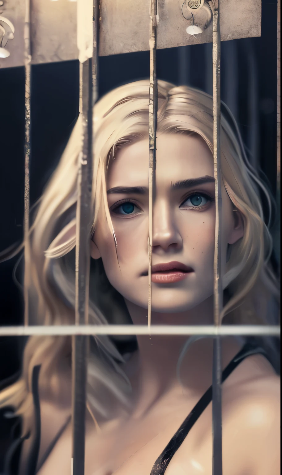 masterpiece, best quality, ultra detail, illustration, beautiful details, depth of field, dynamic angle, 8k wallpaper, portrait, Best light and shadow quality, 4K, 8k, CG, fine details, blurred background, upper body, modern, dress, blonde, long hair, beautiful eyes, beautiful splash, man locked in a cage