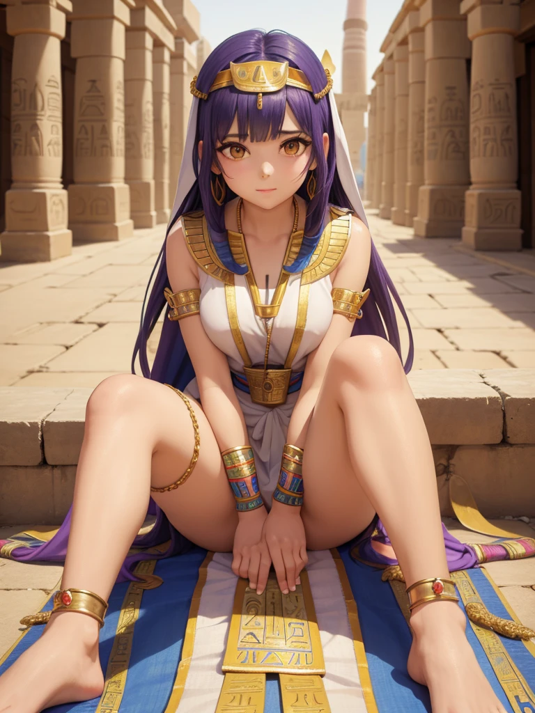 Cute ancient Egyptian princess、Colorful temples of ancient Egypt、The colorful streets of ancient Egypt、artistic、detailed、Colorful linen clothes、How to sit、front、Spread your legs