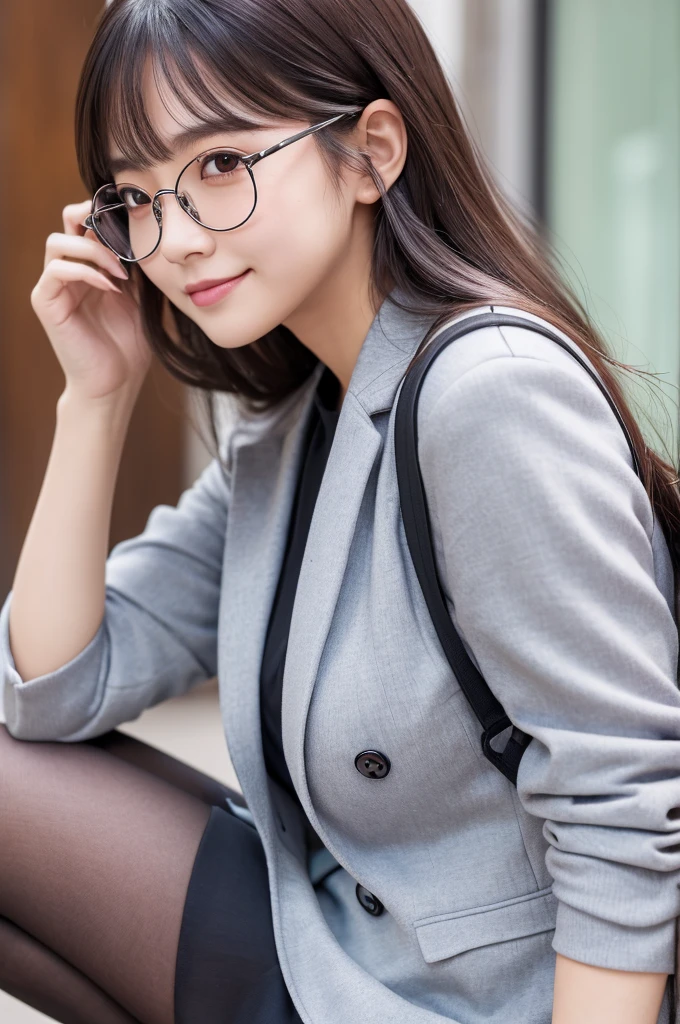 (8k, RAW photo, best quality, masterpiece:1.2), (realistic, photo-realistic:1.4), (extremely detailed 8k wallpaper), Japanese 20 age woman,Ultra-detailed face, Detailed eyes, Double eyelid, school bag,blazer, summer , short skirt, black socks, loafers, full body,date,(random hairstyles, Huge breasts :1.2,Hair color is silver,Tears mole),random poses,random outfit,random clothes color,random smile,(date style）,cute fake glasses