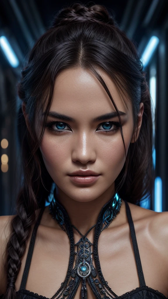 A beautiful Christina Chong beautiful face, narrowed eyes. smirk. black braided hair with narrowed eyes, a smirk, and black braided hair, wearing an intricate ornate chrome bodysuit, hostile assassin, 1girl, beautiful detailed eyes, beautiful detailed lips, extremely detailed eyes and face, long eyelashes, cinematic lighting, hyper realistic, 8k, high quality, masterpiece, photorealistic, professional, sharp focus, vivid colors, dark sci-fi, cyberpunk, advanced technology
