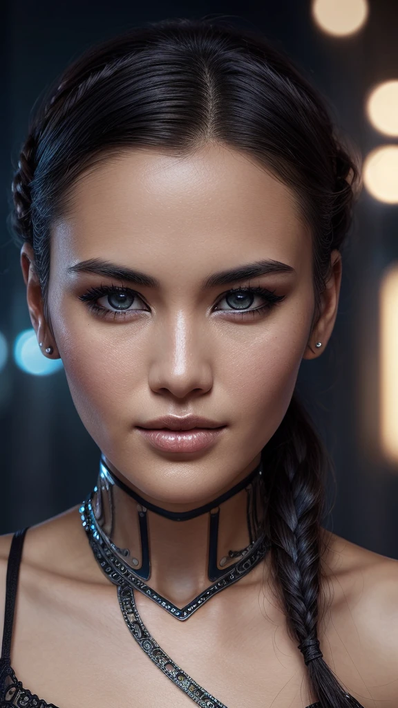 A beautiful Christina Chong beautiful face, narrowed eyes. smirk. black braided hair with narrowed eyes, a smirk, and black braided hair, wearing an intricate ornate chrome bodysuit, hostile assassin, 1girl, beautiful detailed eyes, beautiful detailed lips, extremely detailed eyes and face, long eyelashes, cinematic lighting, hyper realistic, 8k, high quality, masterpiece, photorealistic, professional, sharp focus, vivid colors, dark sci-fi, cyberpunk, advanced technology
