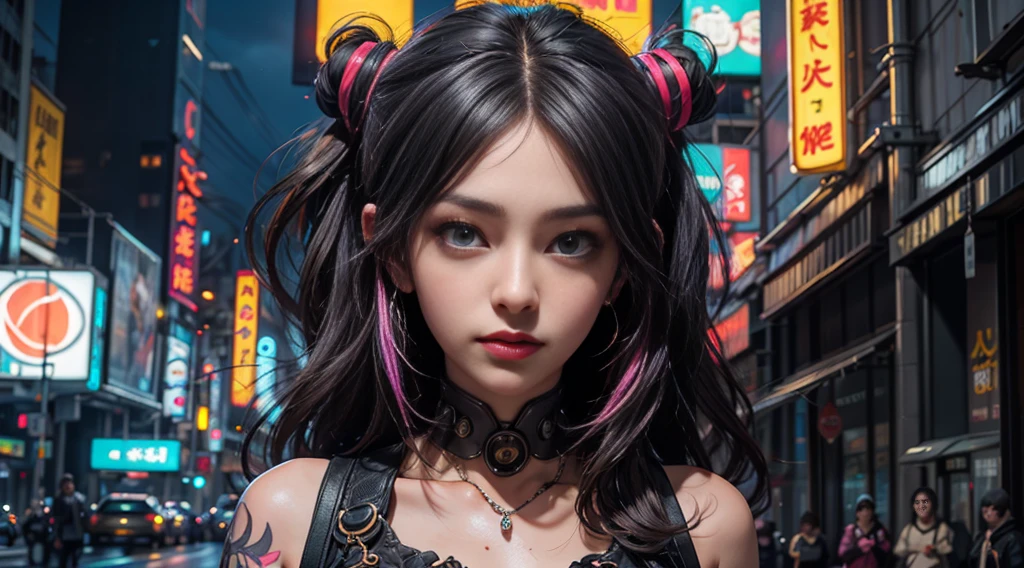 masterpiece, The best quality, 1 cyberpunk girl wearing a Harajuku inspired cyberpunk outfit, standing in the street, Bold colors and patterns, Eye-catching accessories, Modern and innovative hairstyle, dazzling cyberpunk cityscape, Skyscraper, neon signs, luces LED, Bright and vivid color scheme, anime, illustration, Detailed skin texture, Detailed fabric texture, Beautiful detailed face, intricate details, ultra detailed, cinematic lighting, Dark shadows.