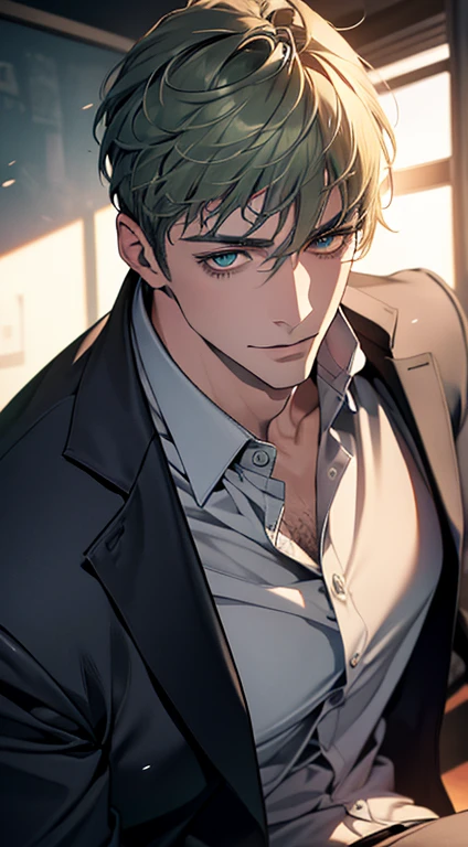 (best quality,4k,8k,highres,masterpiece:1.2),ultra-detailed,(realistic,photorealistic,photo-realistic:1.37),1 man,31 years old,mature man,very handsome,without expression,smile,short grey green hair,blue eyes,penetrating gaze,perfect face without errors,imposing posture,businessman,office background,cinematic lighting,hdr image