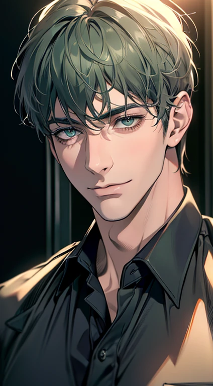 (best quality,4k,8k,highres,masterpiece:1.2),ultra-detailed,(realistic,photorealistic,photo-realistic:1.37),1 man,31 years old,mature man,very handsome,without expression,smile,short grey green hair,blue eyes,penetrating gaze,perfect face without errors,imposing posture,businessman,office background,cinematic lighting,hdr image