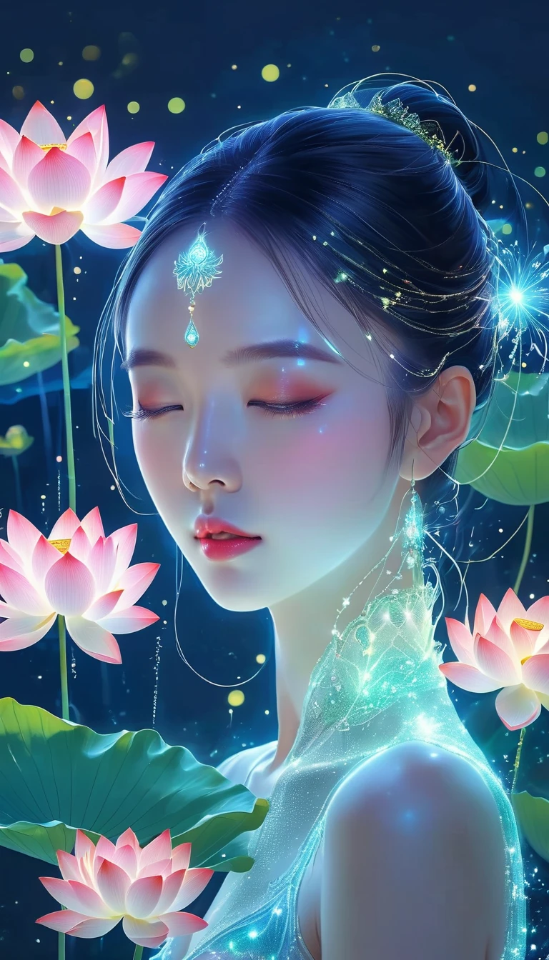 (Masterpiece, best quality:1.2), digital art style, Charming illustrations,Peace Picture,Ethereal beauty,Energy distribution,angel, beautiful eyes,Lotus Corolla,Tall lotus,lonely,glowในร่างกาย,เส้นglow,glow,ตัวอย่างglow,Tracking example,flash,萤light particles,backlight,translucent,light particles,Correct human anatomy,