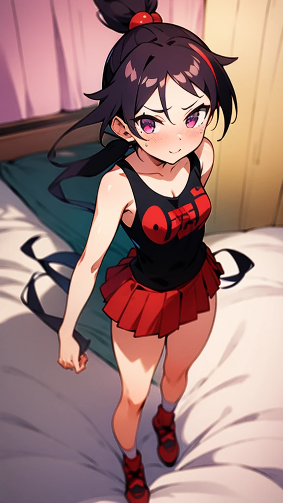 High tail hairstyle, Ponytail hairstyle, Long wavy black hair, standing posing, anime girl style, pixel art anime style,penetrating look with deep eyes,red and purple eyes, hair with a ponytail hairstyle trapped with a big red bun, women, red hair clips, x color shaped hair clips , smiling face blush, next to his bed, Skirt, tank top, Black hair, big thighs, NSFW, Skirt fluttering in the wind, perfect panty, from above, viento levantando su Skirt haciendo que se le vea el panty, hands in fist , Skirt fluttering in the wind, Skirt levantada, 