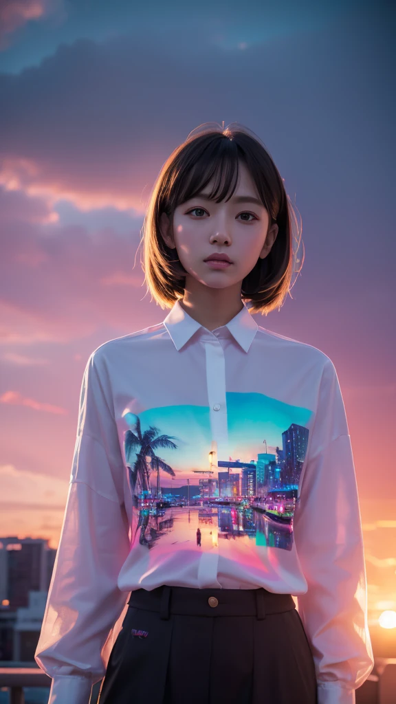 One girl, Colorful Themes, Synthwave Sky,(最high quality, high quality, High resolution), Realistic, Very detailed, Very detailed顔の特徴, Absurd, Realistic lighting and reflections, Very detailed顔の特徴, See-through shirt, Best Photos,high quality illustration