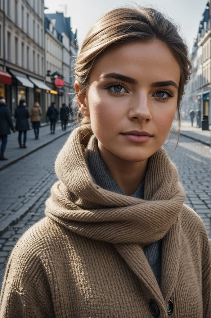Norwegian symmetrical Face, joli maquillage naturel, wearing élégant warm winter Fashion clothing, ((debout dehors dans une rue enneigée de la ville)), superbe environnement urbain moderne, Ultra réaliste, art conceptuel, élégant, très détaillé, complexe, sharp Focus, depth oF Field, F/1. 8, 85mm, Coup moyen, plan médian, (((proFessionally color graded))), bright soFt diFFused light, (volumetric Fog), tendance sur Instagram, hdr 4k, 8k