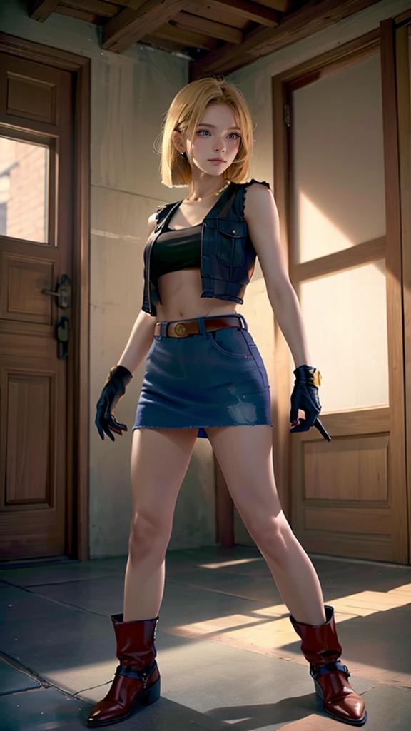Moisturized skin,Realistic body,Android,(16 years old),(Girl),Collarbone,Earrings,(Cute face),Unfriendly,Anger,
BREAK,
Bright red lipstick,(Beautiful navel),(Golden hair),Beautiful hair,Short hair,
BREAK,
(Masterpiece, Top quality, High resolution, Highly detailed), (Full body:1.2),Symmetrical,One shot,
BREAK,
(Wind blowing),Outdoor,
BREAK,
Assassination,,Fantastic,Dynamism,(In the middle of war, Combat stance),(War,Blood,Chaos),(Android 18),Jewelry,(Denim vest),Black leather gloves,Pearl necklace,Jeans,Pushing hair aside,(Blue eyes),Denim skirt,Buckled belt,Fluorescent orange snow boots,Black leggings,