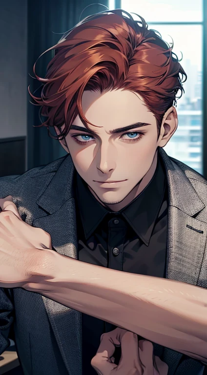 (best quality,4k,8k,highres,masterpiece:1.2),ultra-detailed,(realistic,photorealistic,photo-realistic:1.37),1 man,31 years old,mature man,very handsome,without expression,smile,short grey red hair,blue eyes,penetrating gaze,perfect face without errors,imposing posture,businessman,office background,cinematic lighting,hdr image