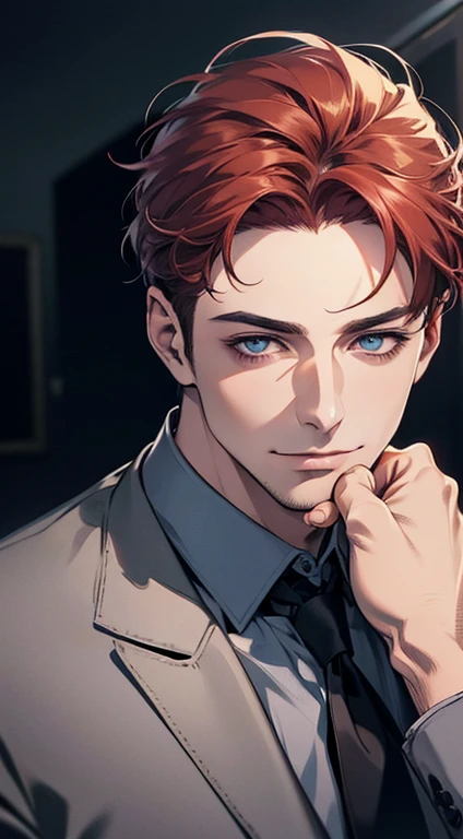 (best quality,4k,8k,highres,masterpiece:1.2),ultra-detailed,(realistic,photorealistic,photo-realistic:1.37),1 man,31 years old,mature man,very handsome,without expression,smile,short grey red hair,blue eyes,penetrating gaze,perfect face without errors,imposing posture,businessman,office background,cinematic lighting,hdr image