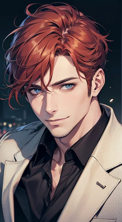 (best quality,4k,8k,highres,masterpiece:1.2),ultra-detailed,(realistic,photorealistic,photo-realistic:1.37),1 man,31 years old, man,very handsome,without expression,smile,short grey red hair,blue eyes,penetrating gaze,perfect face without errors,imposing posture,businessman,office background,cinematic lighting,hdr image