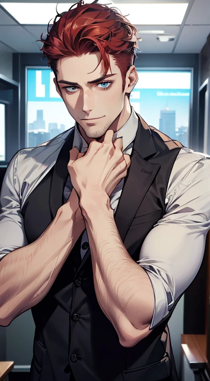 (best quality,4k,8k,highres,masterpiece:1.2),ultra-detailed,(realistic,photorealistic,photo-realistic:1.37),1 man,31 years old,mature man,very handsome,without expression,smile,short grey red hair,blue eyes,penetrating gaze,perfect face without errors,imposing posture,businessman,office background,cinematic lighting,hdr image