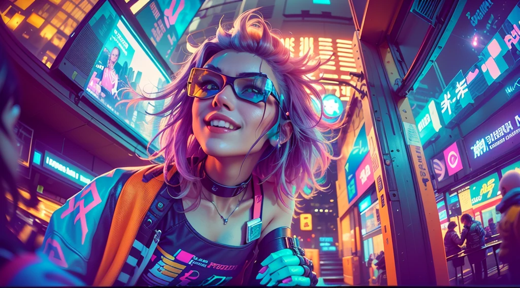 (2 cyberpunk girls in colorful Harajuku style pop costumes)), ((((fisheyelens)))), Cowboy shot, Wind, Messy hair, ((《cyberpunk 2077》view over city)), (Cyberpunk aesthetic and atmosphere:1.3), Bright colors, Smiling, ((Cinematic lighting))，Add an NVIDIA graphics card logo in the lower right corner