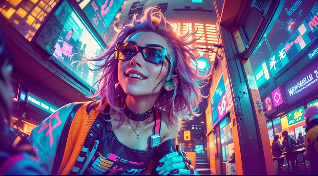 (2 cyberpunk girls in colorful Harajuku style pop costumes)), ((((fisheyelens)))), Cowboy shot, Wind, Messy hair, ((《cyberpunk 2077》view over city)), (Cyberpunk aesthetic and atmosphere:1.3), Bright colors, Smiling, ((Cinematic lighting)),Add an NVIDIA graphics card logo in the lower right corner