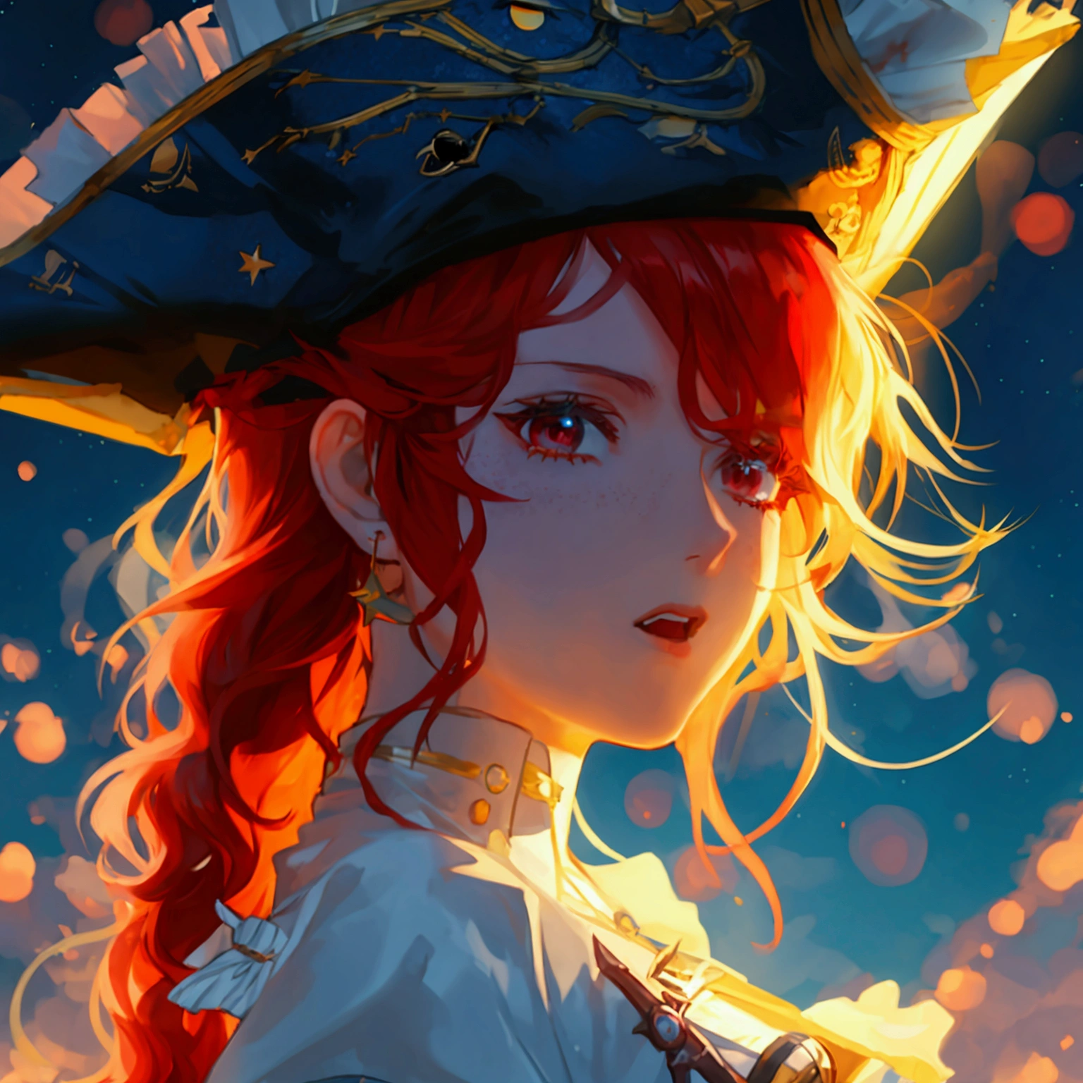 1woman, red hair, wavy hair, pirate clothes, night sky background, starry sky background,