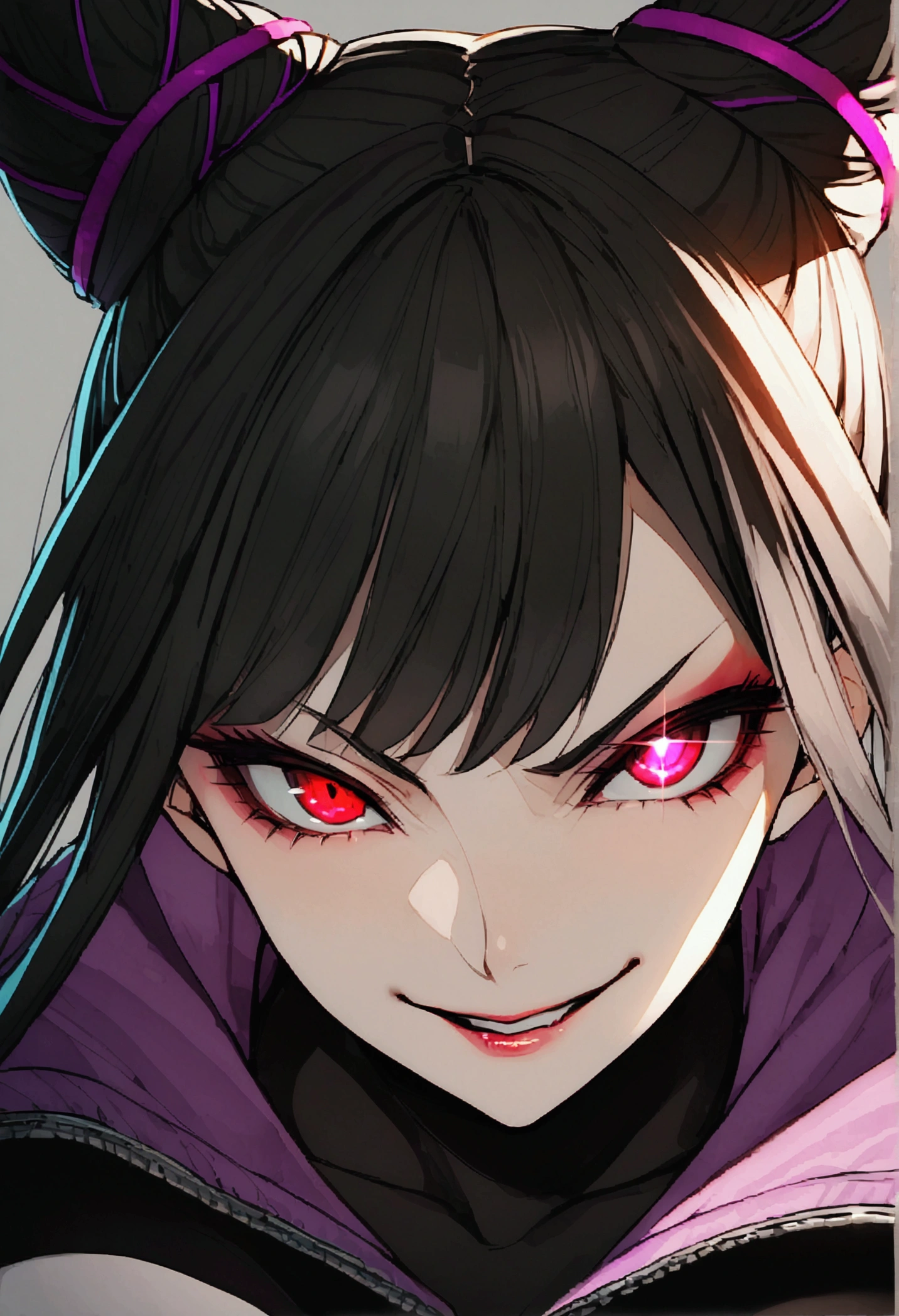 dark eye shadow,shining eyes,beautiful young fitness woman with , in a gym wearing May with black pantyhose, white and black gym jacket. standing alone,hair horns,red eyes glowing,Evil smile,legging preto ,labiaa,dark eye shadow,shining eyes,close up,hair with purple details .evil smile,couple,juri han