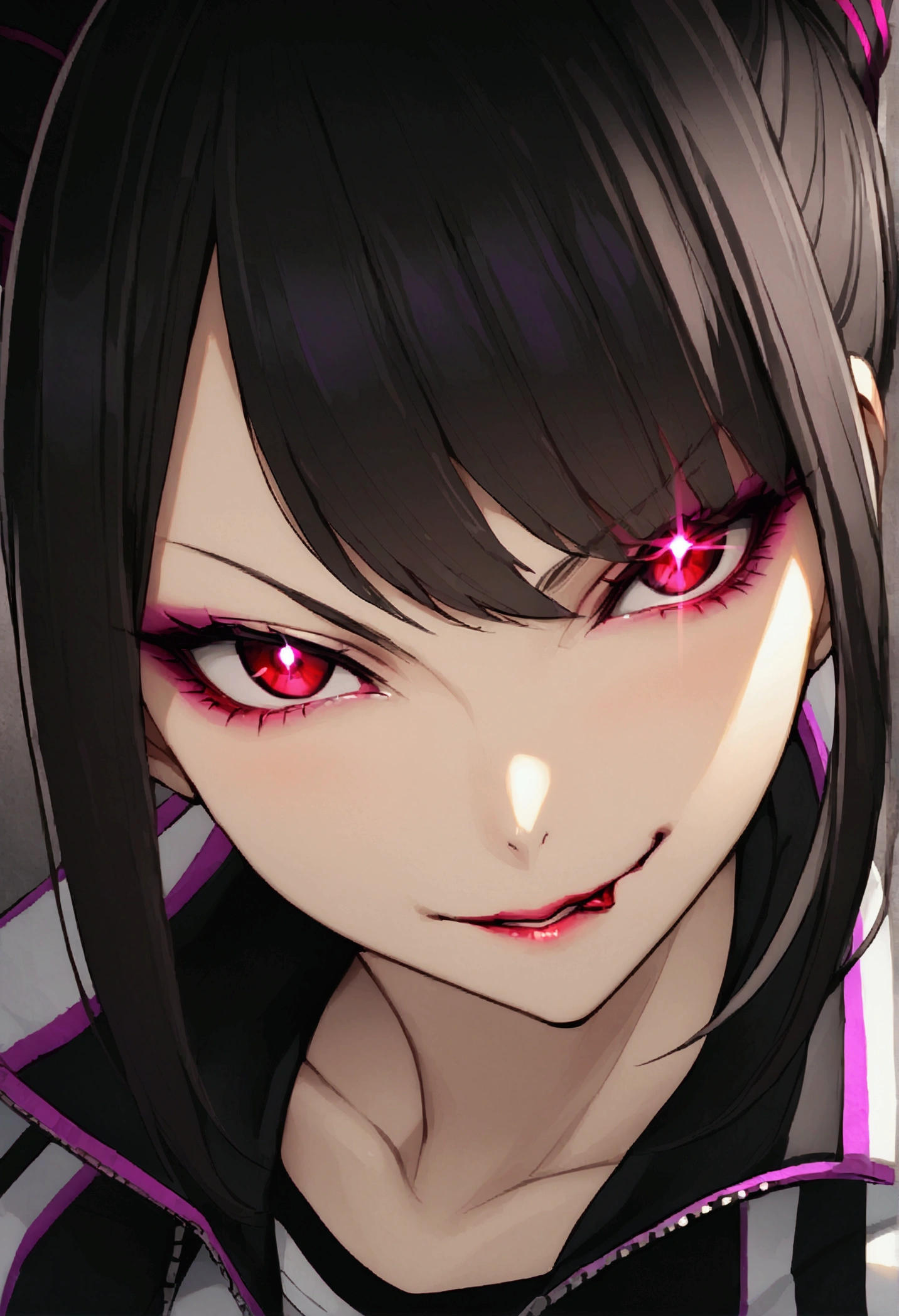 dark eye shadow,shining eyes,beautiful young fitness woman with , in a gym wearing May with black pantyhose, white and black gym jacket. standing alone,hair horns,red eyes glowing,Evil smile,legging preto ,labiaa,dark eye shadow,shining eyes,close up,hair with purple details .evil smile,couple,juri han