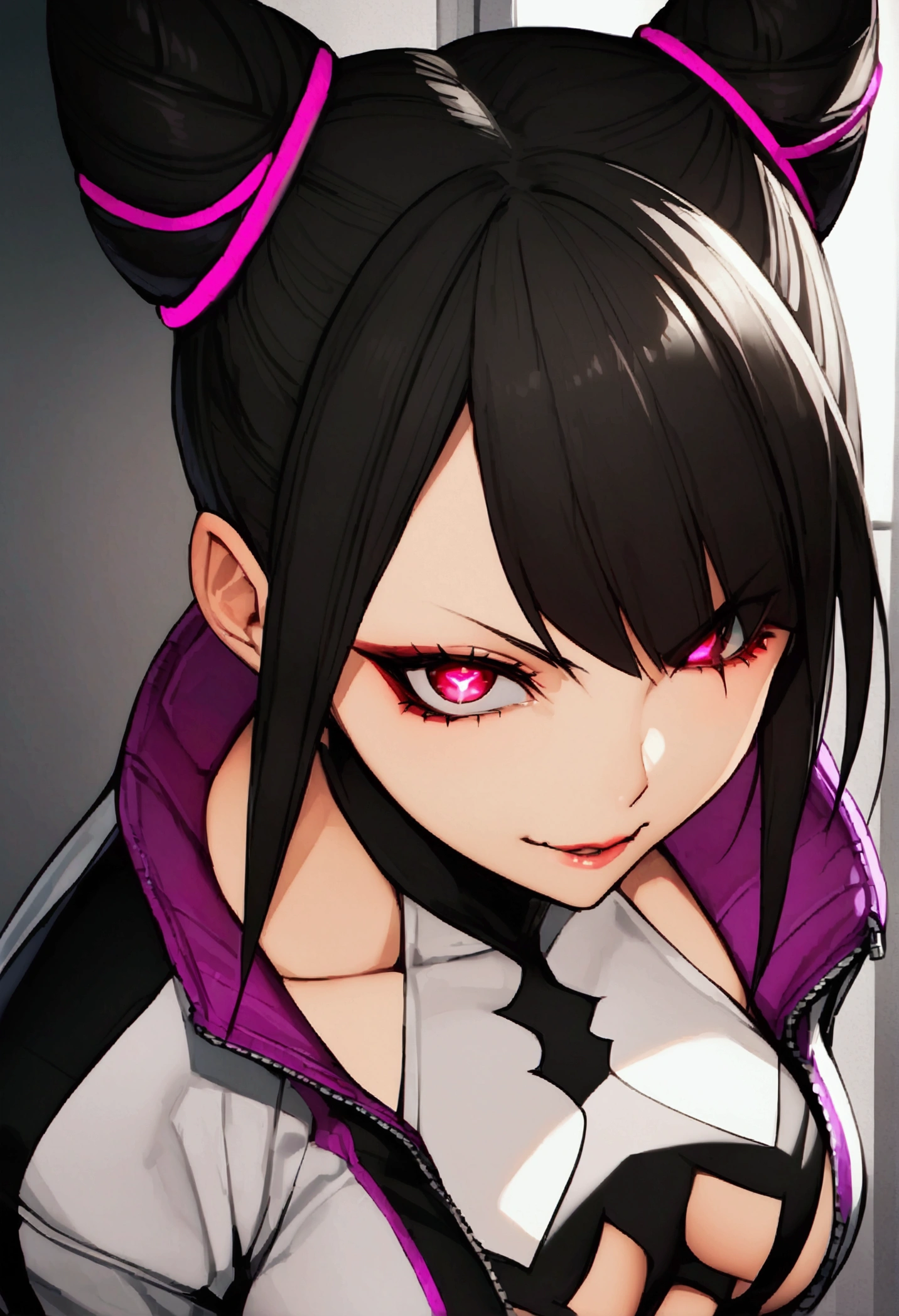 dark eye shadow,shining eyes,beautiful young fitness woman with , in a gym wearing May with black pantyhose, white and black gym jacket. standing alone,hair horns,red eyes glowing,Evil smile,legging preto ,labiaa,dark eye shadow,shining eyes,close up,hair with purple details .evil smile,couple,juri han