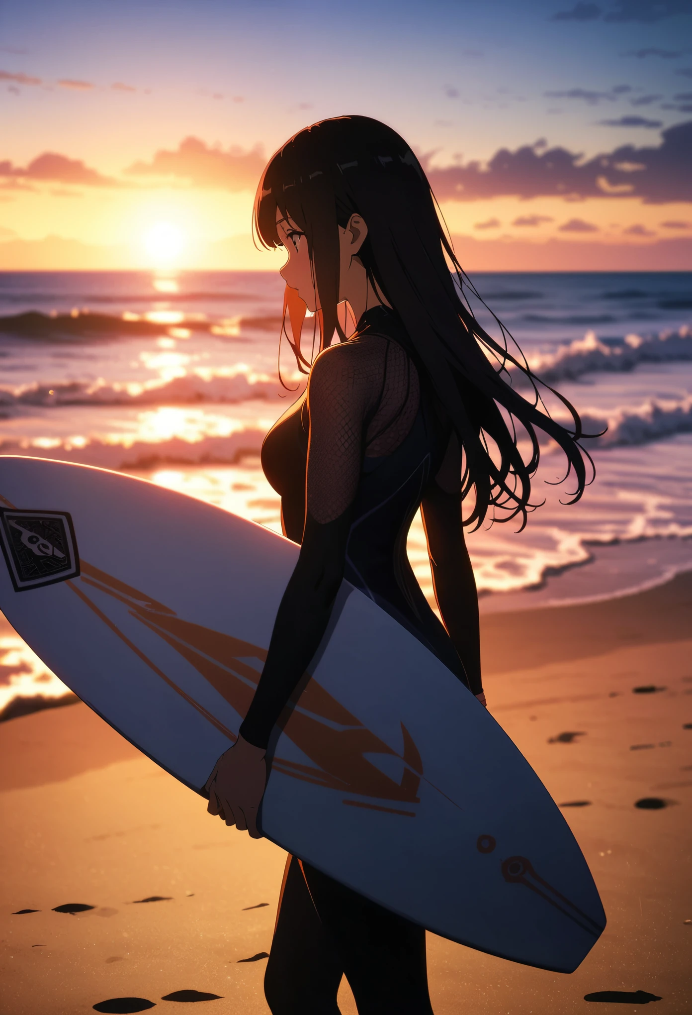 coastal, Sandy beach scenery, 1 Female, surfer, Put a surfboard on the beach, Women standing on surfboards, Long Hair, Back view:1.4, Wetsuits, Detailed pattern of a surfboard, Intricate Design, Magic Hour, Backlight, silhouette, Lonely atmosphere, Light and shadow with attention to detail, Background Blur, (Highest quality, Very detailed, Delicate and beautiful CG art, anime, animeスタイル, Detailed illustrations, Attention to detail, masterpiece:1.2, Best aesthetics),
