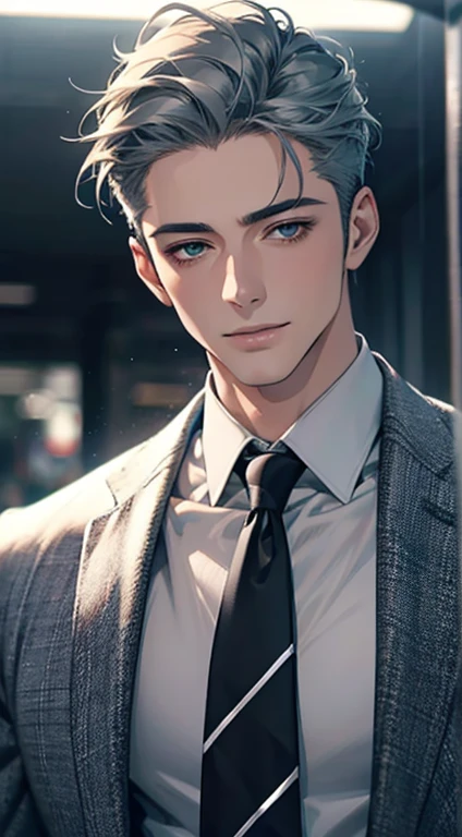 (Highest quality,4K,8K,High resolution,masterpiece:1.2),Super detailed,(Realistic,photoRealistic,photo-Realistic:1.37),1 person,31 years old,Mature Men,Beautiful skin、very handsome,Expressionless smile in love,Short gray blue hair,green eyes,Sharp Eyes,A perfect face without a doubt,Businessman,Office Background,Cinema Lighting,HDR image,tie、