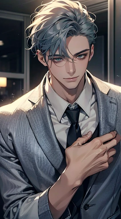 (Highest quality,4K,8K,High resolution,masterpiece:1.2),Super detailed,(Realistic,photoRealistic,photo-Realistic:1.37),1 person,31 years old,Mature Men,Beautiful skin、very handsome,Expressionless smile in love,Short gray blue hair,green eyes,Sharp Eyes,A perfect face without a doubt,Businessman,Office Background,Cinema Lighting,HDR image,tie、