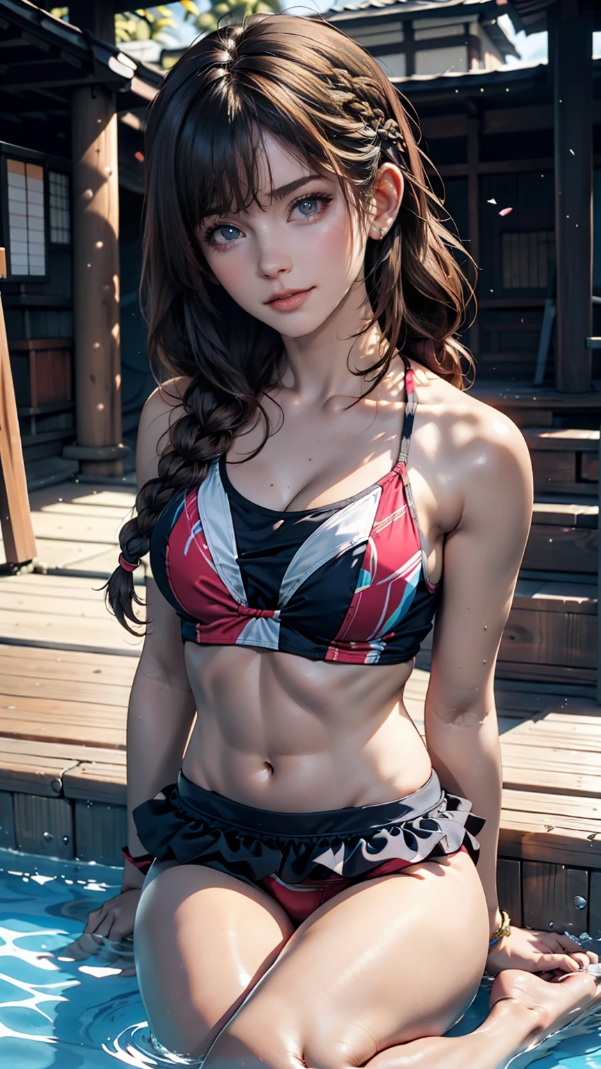 24-year-old woman、Japanese women、Multi braid((multiple braids))、Brown Hair、Sexy proportions、Narrow waist、Kneel on the ground、Brush your hair with both hands、School Swimsuit((japanese school swimwear))